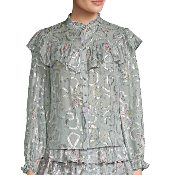 LoveShackFancy Erica Metallic Ruffled Silk Top in Silver Lake Blue Size Small - Picture 1 of 14